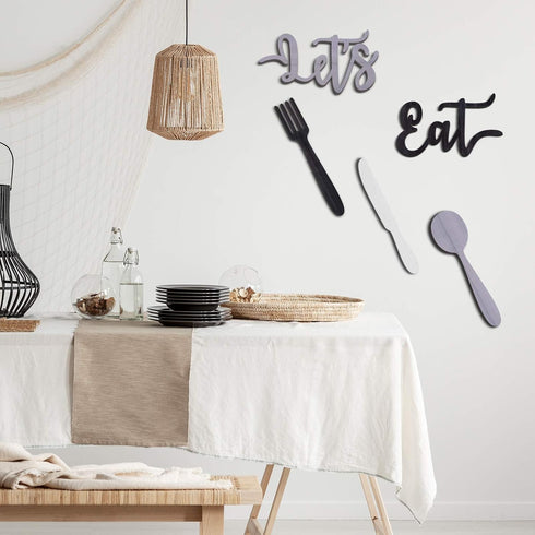 Yerliker 5 Pcs Let's Eat Sign, Wooden Fork Spoon Knife Sign Wall Decor, Rustic Cutout Eat Grey Kitchen Decor for Home Dining Living Room Bar Cafe ...