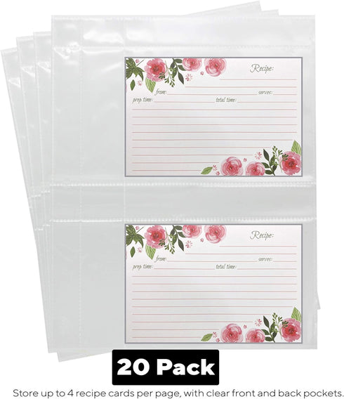 20 Pack Recipe Card Page Protectors, Clear Refill Sheets for 3 Ring Binders, 4" x 6", 2 Pockets Per Page, Holds 4 Cards Per Sheet, Perfect for Rec...