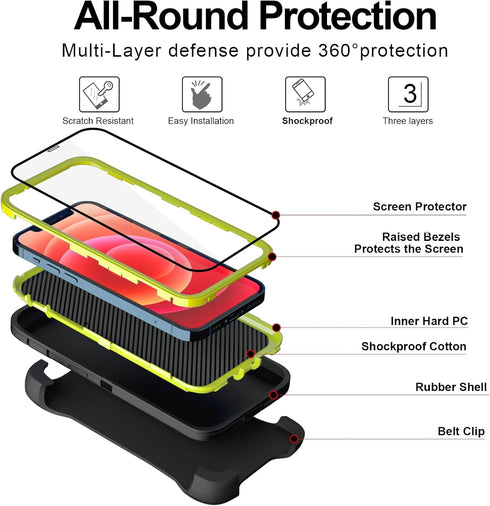 iPhone 12 Case with Belt Clip and 2 Pack Screen Protector - Military Grade Rugged Full Body Phone Case (Black+Green)......