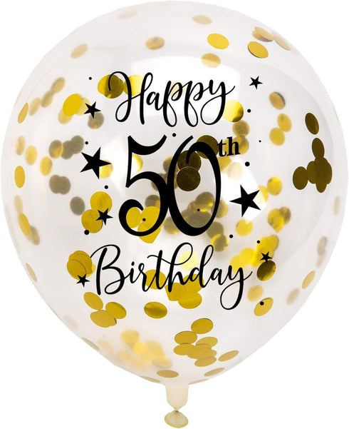 Gold 50th Confetti Latex Balloons, Woman or Man Happy 50 Years Birthday Party Balloon Decoration With Confetti, 12in, 16 Pack...