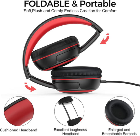 A10 On-Ear Headphones with Microphone, Lightweight Folding Stereo Bass Headphones with 1.5M No-Tangle Cord, Portable Wired Headphones for Smartpho...