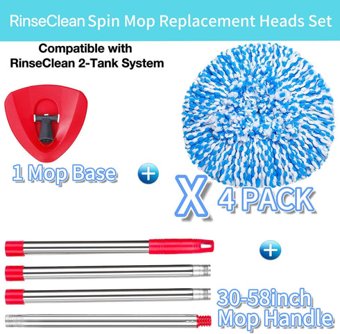 4 Pack Spin Mop Replacement Heads Compatible for Oceda RinseClean 2-Tank System,Included 1 Mop Base,Microfiber Spin Mop Head Refills,Easy Cleaning...