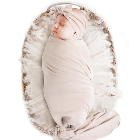 Konssy Baby Girl Newborn Receiving Blanket with Headband Set Baby Swaddle Nursery Swaddle Wrap(Oat)...