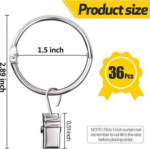 36 Pack Heavy Duty Nickel Plated Metal Curtain Rings with Clips Hooks Open Rings for Curtains and Robs,Easy to Open and Close(Silver)...
