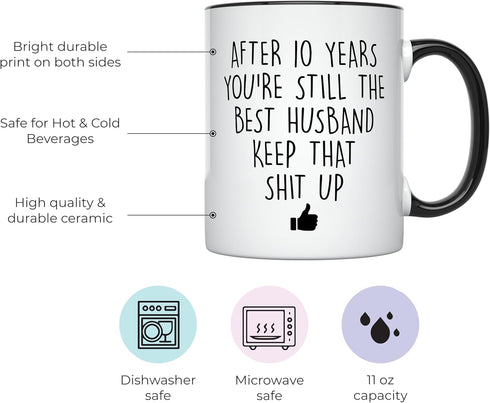 YouNique Designs 10 Year Anniversary Coffee Mug for Him, 11 Ounces, 10th Wedding Anniversary Cup For Husband, Ten Years, Tenth Year, 10th Year (Bl...