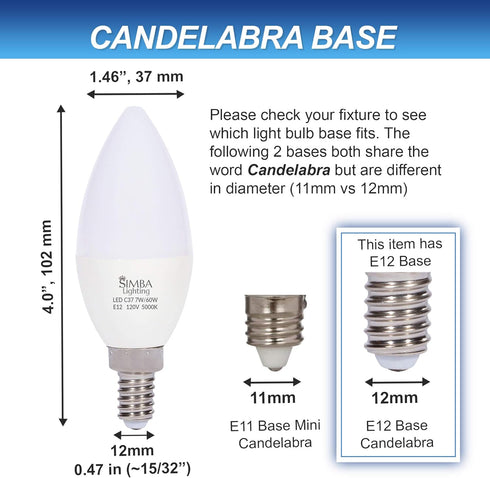Simba Lighting LED Candelabra Light Bulbs B11 (C37) Candle Shape E12 Base (6 Pack) | Decorative 7W 60W Replacement 110V, 120V for Chandelier, Ceil...