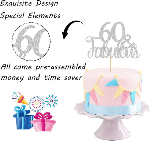 Silver Glitter 60 & Fabulous Cake Topper - 60th Birthday / 60th Anniversary Cake Decoration, 60th Anniversary Party / 60th Birthday Party Decorati...