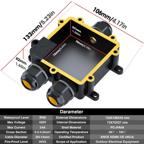 IP68 Waterproof Junction Box,3-Way Outdoor Cable Connectors with 3 Cable M25 Gland Wire Connector Electrical Junction Box for 4-14MM Diameter Cabl...