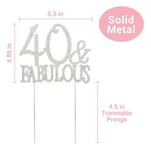 40 Cake Topper - Premium Silver Metal - 40 and Fabulous - 40th Birthday Party Sparkly Rhinestone Decoration Makes a Great Centerpiece - Now Protec...