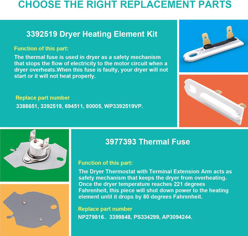 3392519 Dryer Thermal Fuse 3387134 High-Limit Thermostat 3977393 Cut-Off Switch 3977767 Dryer Thermostat for Whirlpool Kenmore Maytag KitchenAid Dryer Replaces Parts 3399693 PS345113 AP6008325