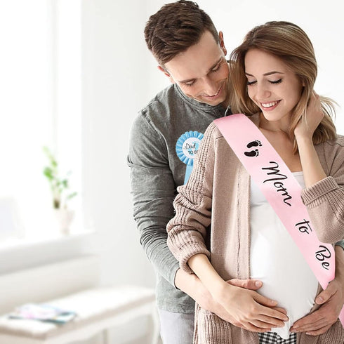 2 Packs Baby Shower Decorations Pink Mom Sash and Blue Dad Tinplate Badge Baby Welcome Party Gifts...