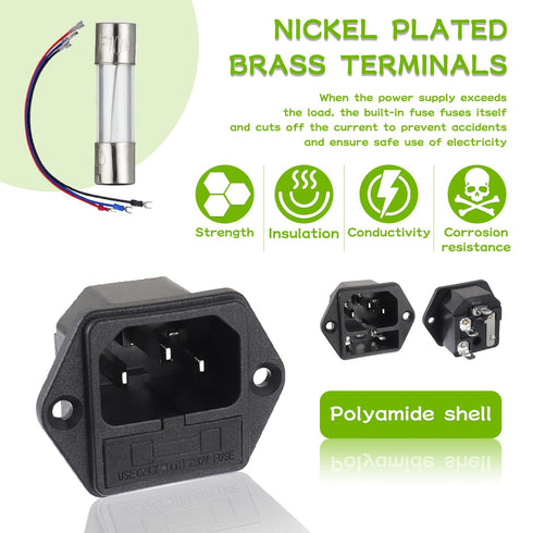 AC 250V 10A 2 in 1 Mount Inlet Module Plug Socket Power Entry Connector Male Blades with 10A Fuse and 18 AWG Extension Cable...