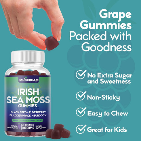 Irish Sea Moss Gummies 10000mg - with Black Seed Elderberry Bladderwrack Burdock Turmeric Omega-3 Vitamins C D3 Zinc - Seamoss Supplements for Adu...