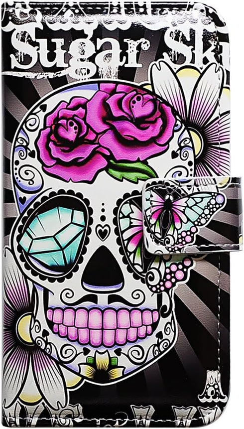 Case for Pixel 6 Pro, Purple Flower Sugar Skull Leather Flip Phone Case Wallet Cover with Card Slot Holder Kickstand for Google Pixel 6 Pro...
