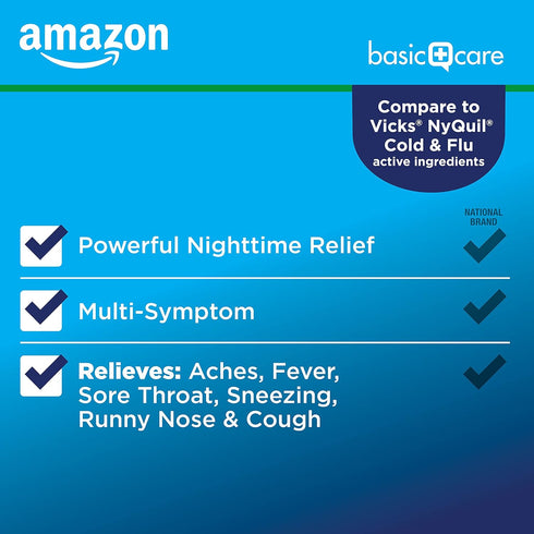 Amazon Basic Care Nighttime Cold & Flu Relief, Pain Reliever, Fever Reducer, Cough Suppressant & Antihistamine Liquid, Original Flavor, 8 fl oz (P...