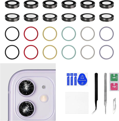 6 Set Rear Camera Lens Cover Replacement for iPhone 11 Purple Yellow Green Black White Red Color HD Tempered with Metal Frame Back Camera Lens for...