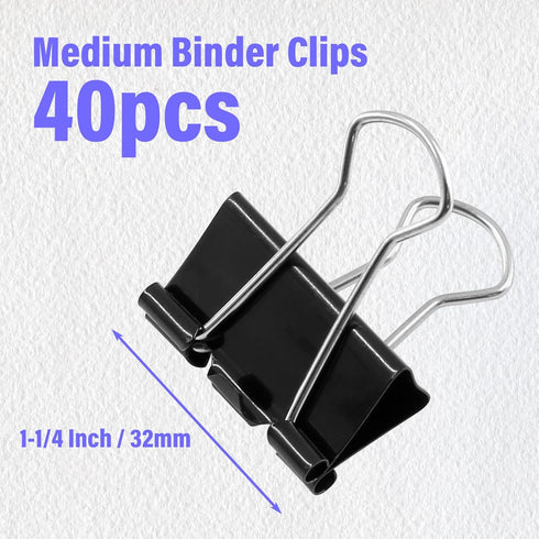 40 Pack Medium Binder Clips Black Paper Clips, 1 1/4 Inch / 32mm Binder Clips Metal Paper Clamps Office Clips School Supplies, File Binder Clips f...