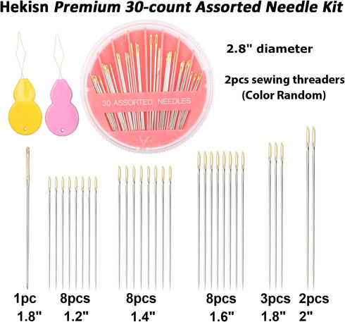 Hekisn 60pcs Premium Hand Sewing Needles, 2Pack 6 Sizes 30-count Assorted Sewing Needles, Stitching Needles for Hand sewing repair?Sewing Sharp Ne...