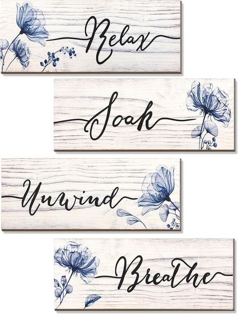 YIGAGNY 4 Pieces Bathroom Wall Decor Wooden Rustic Farmhouse Bathroom Wall Art Hanging Sign 10 x 4 Inch Blue Bathroom Accessories Decor for Spa La...