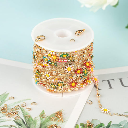 YOUBEIYEE 16.4 Feet Colorful Daisy Chain Necklace DIY for Women Gold Plated Brass Cross Chain with Bead Jewelry Chain Roll Jewelry Supplies Findin...