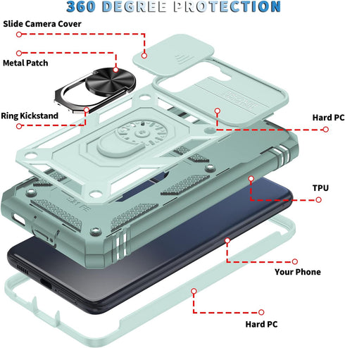 for Samsung Galaxy S21 FE 5G Case Military Grade Drop Shock Protection Cell Phone Cover with Slide Camera Cover Built-in 360° Rotate Ring Stand fo...