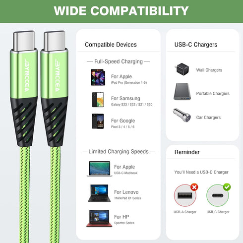 USB C to USB C Charger Cable 4-Pack 10ft Fast Charging USB C Cable, Nylon Braided 60W(5A) Type C to Type C Cable for Phone 15/15 Pro/15 Plus/15 Pr...