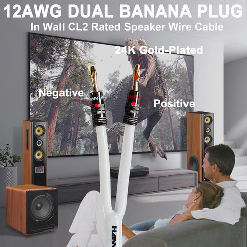 12AWG Speaker Cable (3 Feet), 1 Pack Premium Heavy Duty Braided Speaker Wire with Dual Gold Plated Banana Plug in-Wall CL2 Rated, Oxygen-Free Copp...