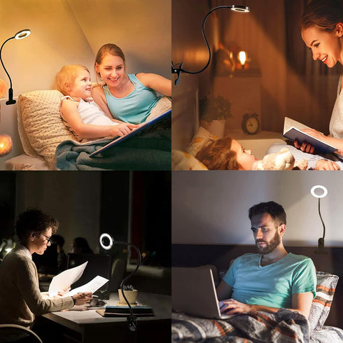 Foneso Desk Lamp Clip on Light with Adapter, 48 LED Reading Lamp with USB Charging Port, 3 Color Mode 10 Brightness Levels, Flexible Gooseneck, Me...