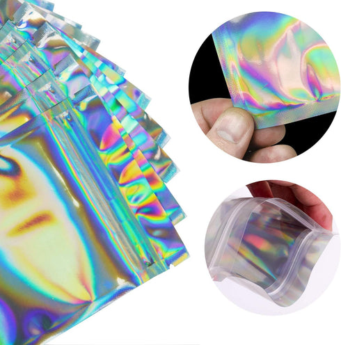 100 Pieces Smell Proof Bags - 3x5 Inches Resealable Mylar Bags Clear Zip Lock Food Candy Storage Bags Holographic Rainbow Color...