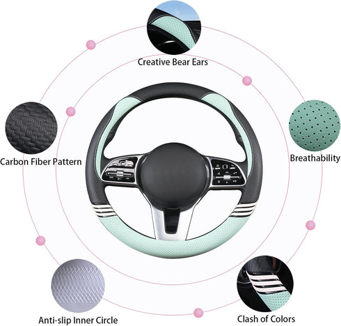 Cute Steering Wheel Cover for Girls Women Leather Universal 15 inch, Black and Green...