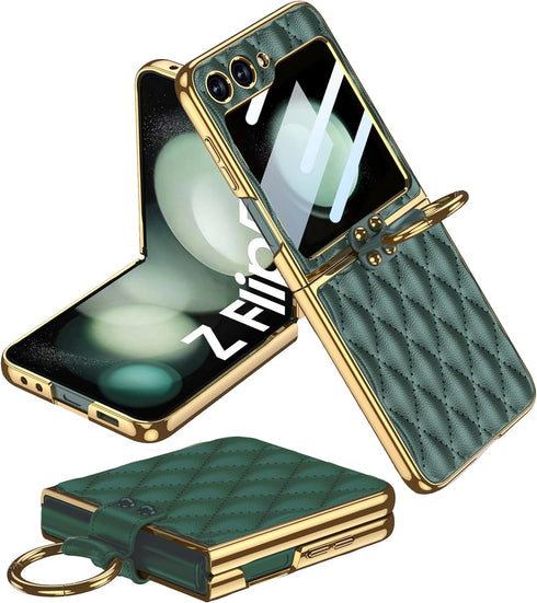 Miimall Leather Case with Metal Ring Holder Stand Compatible with Galaxy Z Flip 5, Built-in Screen Protector, Leather Cover with Electroplating Fr...