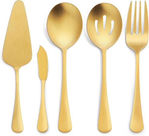 LIANYU 5-Piece Matte Gold Serving Utensils Set, Stainless Steel Serving Set Include Serving Spoon Fork, Flatware Serving Pieces for Buffet Caterin...