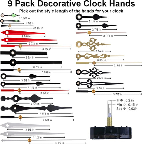 6 Pieces Clock Mechanism Replacement Kit with 9 Pack Clock Hands, Silent Sweep Clock Motor Kit Battery Operated for Clock Repair DIY Replacement, ...