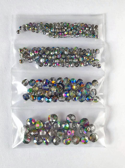 Set of Czech Glass Fire Polished Beads in Crystal Vitrail Color for Making Jewelry and Crafts - Different Sizes 3 mm, 4 mm, 6 mm, 8 mm. Total 275 ...