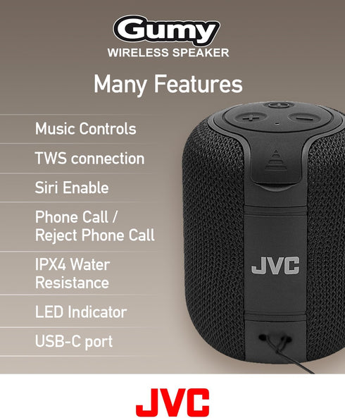 JVC Portable Gumy Wireless Speaker with Surround Sound, Bluetooth 5.3, Lightweight, TWS capability, USB-C, up to 15-Hour Battery Life - SPSG1BTA (...