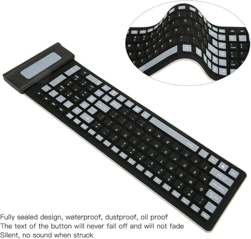 Silicone Keyboard, Foldable Silicone Keyboard Soft Waterproof Rollup Keyboard for PC Laptop Notebook, 103 Keys, Mute Typing, Lightweight (Black)...