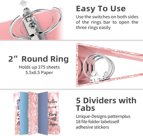 A5 Binder 2 Inch 3 Ring for 5.5" x 8.5" Paper with Clipboard and Pocket, Pink Mini Binders for School Office Supplies and Home, Stay Positive...