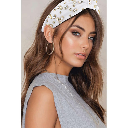 White Knotted Headband with Rhinestone for Women, Jeweled Beaded Wide Top Knot Headband Sparkly Crystal Bedazzled Embellished Head Bands for Women...