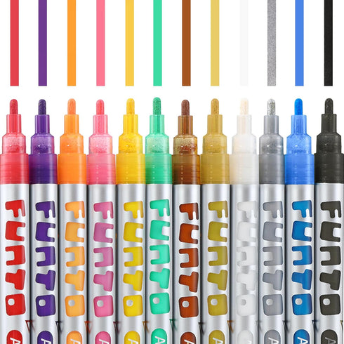 Funto Acrylic Paint Pens for Rock Painting, Fabric, Wood, Canvas, Metal, Ceramic, Glass, 12 Colors Paint Marker Set, Non-Toxic, Quick Drying...