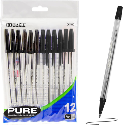 BAZIC Ballpoint Pen Pure Black Color Stick Pens, 1.0 mm Bold Point Smooth Writing, for Office School Teacher (12/Pack), 1-Pack...