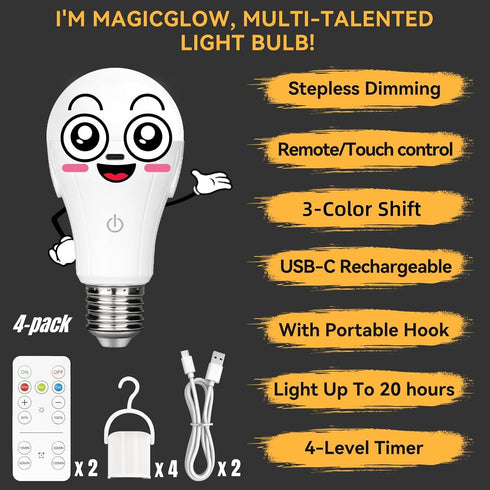 Neporal MagicGlow Rechargeable Light Bulbs with Remote, 3-Color Shift 1800K-4000K-6000K, Dimmable, USB Rechargeable Battery Operated Light Bulb Up...