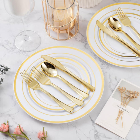 60PCS Gold Plastic Silverware, Gold Disposable Utensils, Heavy Duty Cutlery Set of 30 Gold Forks, 15 Gold Spoons, 15 Gold Knives for Parties, Wedd...