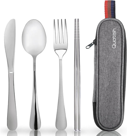 Travel Utensils with Case, Quatish Portable Silverware Set for Work, 304 Stainless Steel Reusable Travel Cutlery Set, Fork and Spoon Set for Campi...
