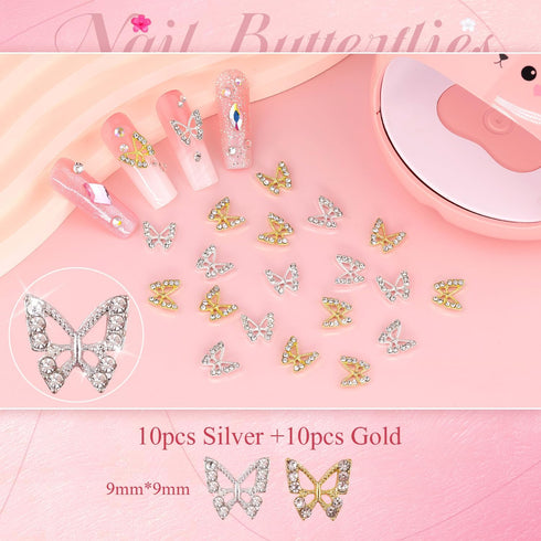 3D Nail Charms and Gems Set 1, 20PCS Gold and Silver Chunky Butterfly Nail Charms with Rhinestones, 3D Flowers for Nails, Flatback Crystals and Pe...