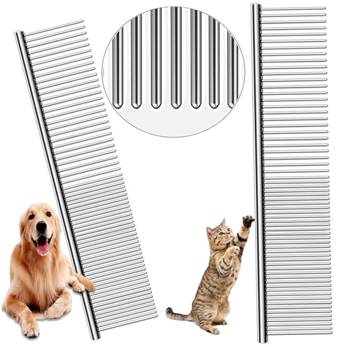 Metal Comb for Dogs, Metal Dog Combs, 2 Pack Cat Comb with Rounded Ends Stainless Steel Teeth, Professional Grooming Tool for Long and Short Matte...