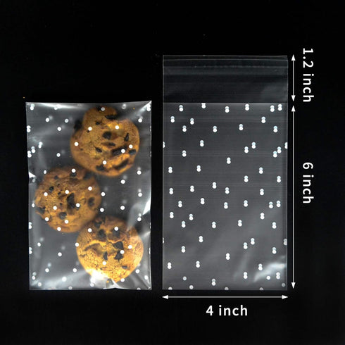 Cookie Bags 200 Pcs 4? x 6 ?Self Adhesive Cookie Bags Cellophane Treat Bags Self Sealing Clear Plastic Bags White Polka Dot Party Favor Bag for Pa...