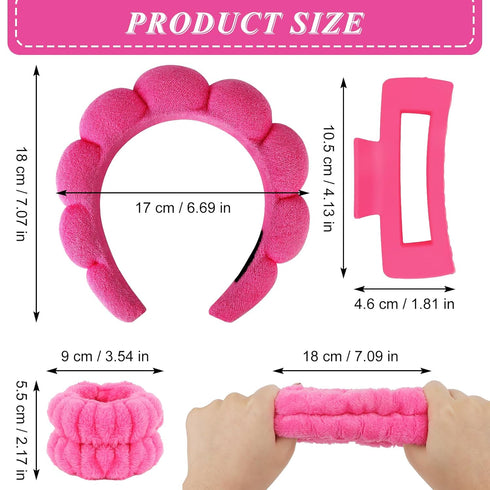 Wecoe Pink Rose Red Spa Headband And Wristband Set Skincare Headband For Washing Face Hair Claw Clips For Thick Hair Cute Puffy Sponge Bubble Make...