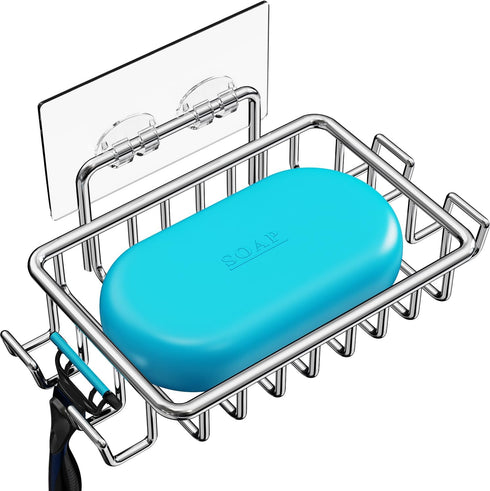 Nieifi Bar Soap Holder for Shower Wall with 4 Hooks, Stainless Steel Adhesive Soap Dish for Bathroom, Silver...