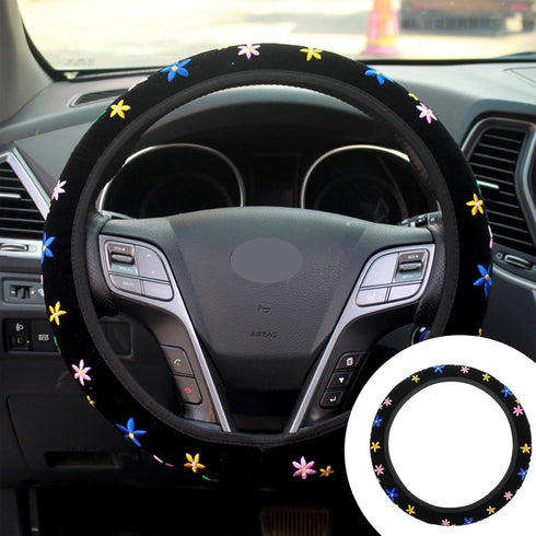 Cute Flower Floral Steering Wheel Cover, Embroidery Cute Flower Car Accessories Set with 2 Air Vent Clip Flowers, Universal Auto Interior Decor fo...