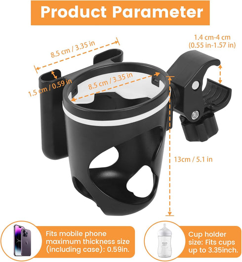 Stroller Cup Holder with Phone Holder, 2-in-1 Cup Phone Holder for Stroller, Bike, Wheelchair, Walker, Scooter, 360° Rotatable Large Caliber Desig...